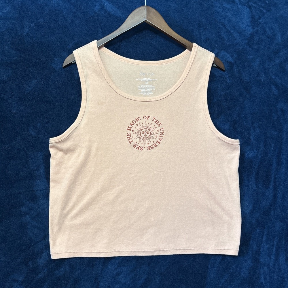 Zoe + Liv Womens Embroidered Tank Top 1X Peach Celestial Moon Magic Of Universe